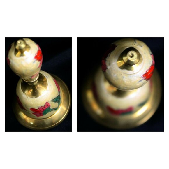 Metal Golden Brass Hand Bell Cream Enameled Pink Red Floral Pattern - Picture 12 of 12